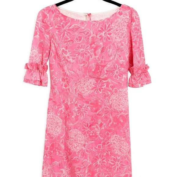 Lilly Pulitzer Dresses & Skirts - Lilly Pulitzer Pink Floral Pineapple Shift Dress Ruffle Sleeve Keyhole Back